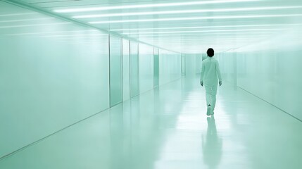 Person Walking in Modern Minimalist Corridor with Soft Lighting