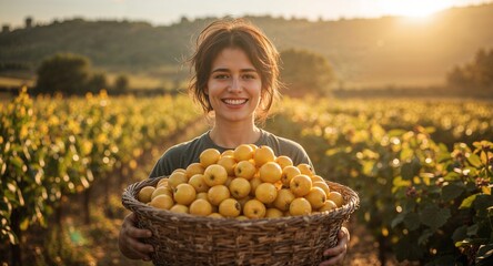 Obraz premium A smiling woman holding a basket full of lemons in a field during a sunny day at golden hour