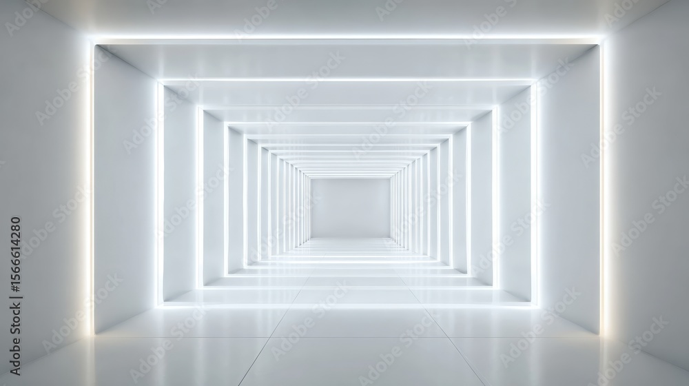 Poster sleek white corridor illuminated by vibrant neon lighting, generating dynamic perspective for cuttin