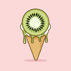 Vector illustration of a melting kiwi slice on top of an ice cream cone.