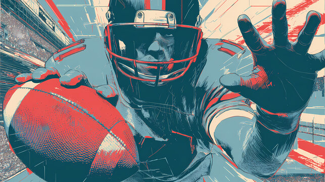 fractured iconography. | sharp edge masking | mid-century advertising | brutalist graphics | Playing american football, concept art, ball, competition, game, illustration, cartoon. silkscreen print