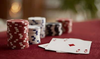 red poker table with focus on cards and chips, red poker table with focus on cards and chips