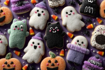Cute Halloween Cookies on Purple Background with Ghosts, Pumpkins, and Black Cats