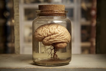 Brain suspended in a clear glass jar sealed with a cork resting on a grey surface