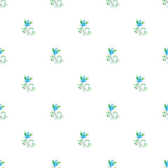 Seamless Pattern of Blue Flowers with Green Leaves on White Background