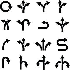 Road traffic direction arrows flat set. You-turn, left, right, two way, three ways, circular and zigzag road transportation direction arrow symbol. decision icon vector