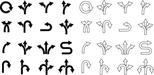 Road traffic direction arrows line and flat set. You-turn, left, right, two way, three ways transportation direction arrow symbol. decision icon vector