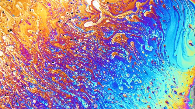 Macro photo of vibrant soap bubble texture with swirling rainbow hues and fluid abstract patterns in bright iridescent tones