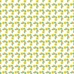 Floral Pattern With Yellow Blossoms and Green Leaves on White Background