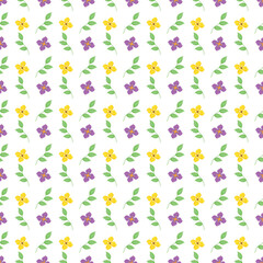 Seamless Pattern of Purple and Yellow Flowers With Green Leaves on a White Background