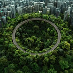 Urban Landscape with Circular Structure Surrounded by Forest