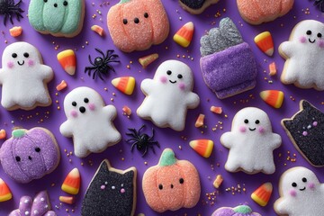 Cute Halloween Cookies on Purple Background with Ghosts, Pumpkins, and Black Cats
