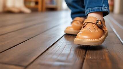 Child's Tan Leather Shoes on Wooden Floor:  Close-up Photography