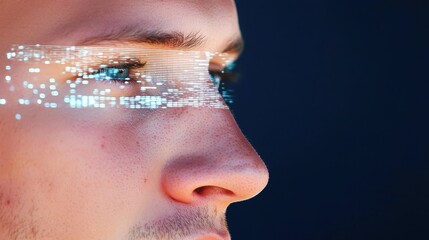 Human face with digital elements and futuristic technology