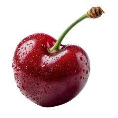 Fresh red cherry fruit with stem and water droplets close up view food isolated on transprint background