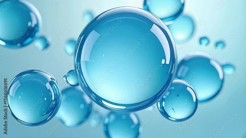 Poster close-up of various transparent blue spheres floating with light reflecting on surfaces creating dep