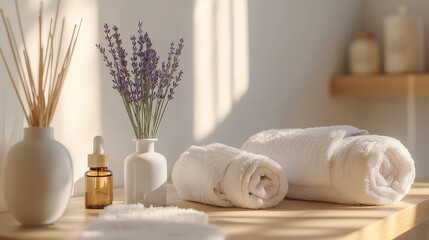 Obraz premium Spa themed care products. natural oil, towel, lavender 