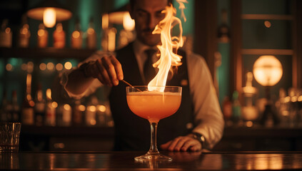Fiery Flair: A skilled mixologist expertly prepares a flaming cocktail, igniting the senses with a captivating display of expertise and artistry.