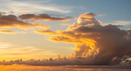 Golden hour illuminates dramatic cloudscape with layered formations and soft blue sky