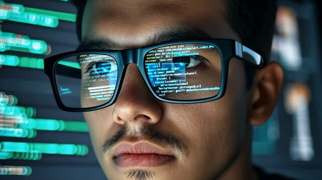 Generative 4k video. Young male programmer with glasses is focused on coding, displaying lines of code reflected in lenses, surrounded by digital screens showcasing technology and innovation