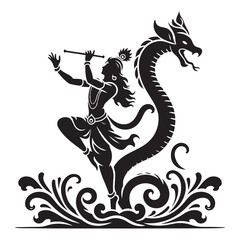 Silhouette icon of Krishna dancing on the serpent Kaliya, with raised leg and flute in hand, epic myth scene in minimal flat vector design