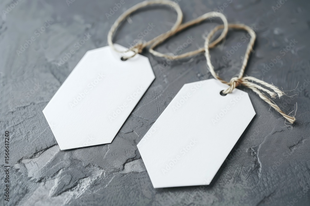 Poster high detail visual of two empty white price tags on a grey background