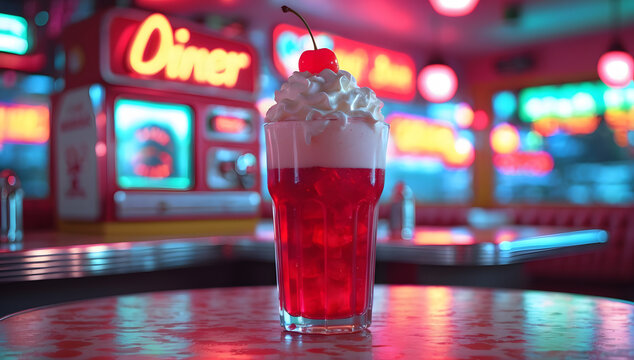 Diner Cherry Delight: A tempting cherry soda float served in a classic diner, its vibrant red hue offset by a cloud of whipped cream and a luscious cherry, all against the soft glow of neon lights.
