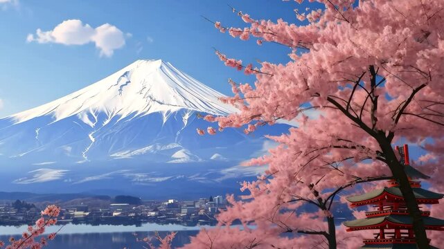 sakura tree and mountain fuji on background	
