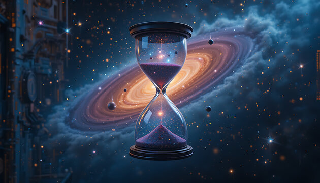 Hourglass with purple sand against a backdrop of a galaxy and floating planets in deep space - Powered by Adobe