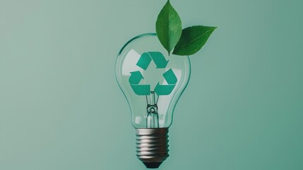 Eco-Friendly Light Bulb with Green Leaf and Recycle Symbol
