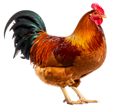 A majestic rooster stands proudly, showcasing its vibrant plumage and striking red comb.