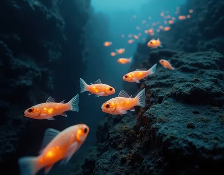 Glowing lanternfish swimming in groups along a drop-off edge with eerie light trails in pitch black ocean Generative AI