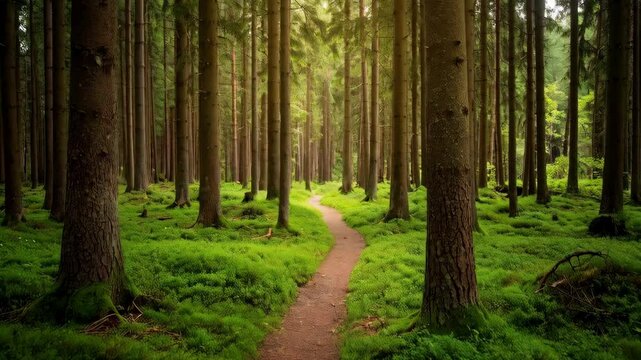 Pathway winding through a dense forest with lush green moss and tall coniferous trees, creating a tranquil nature scene.