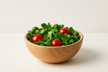 Fresh green salad with cherry tomatoes in wooden bowl on white background, minimal and healthy vegan food concept, clean eating and organic ingredients, front view

