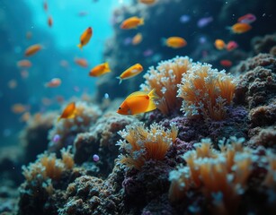 Obraz premium Swirl of colorful wrasses exploring coral mounds with darting blennies and hovering cleaner fish Generative AI