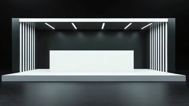 Minimalist white and black exhibit booth with a blank counter, ideal for product displays or presentations, set against a dark background