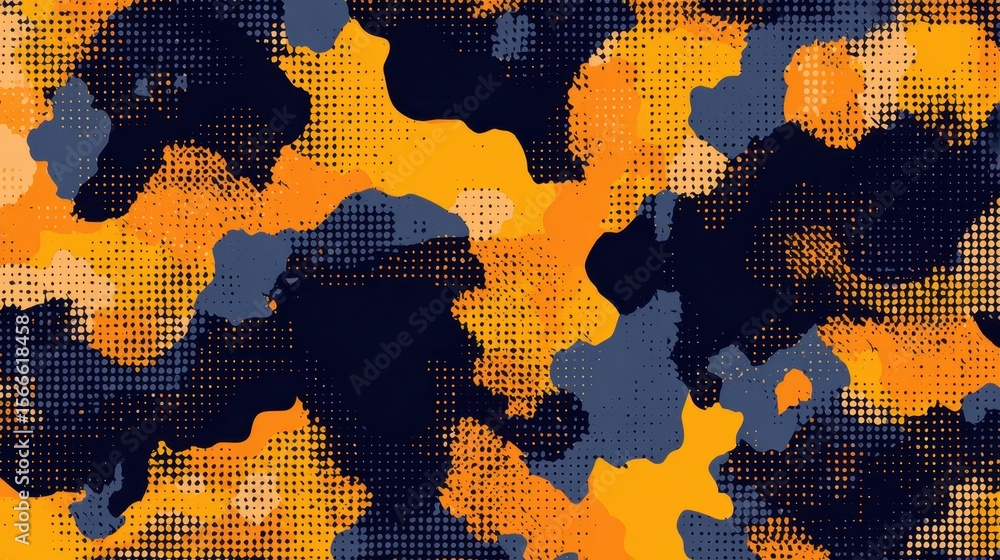 Poster halftone dot camouflage pattern blending orange and blue, generating textured visual effect for desi