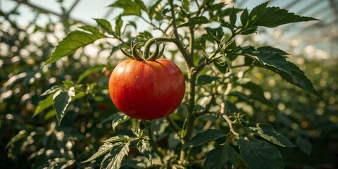 A close up shot of a ripe red tomato growing on a plant in a greenhouse with green leaves around it