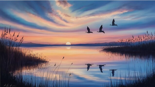 Flock of geese flying over calm lake at sunset with reeds