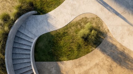 Concrete pathway curving through green landscaping, blending architectural elements with natural surroundings in contemporary urban park setting