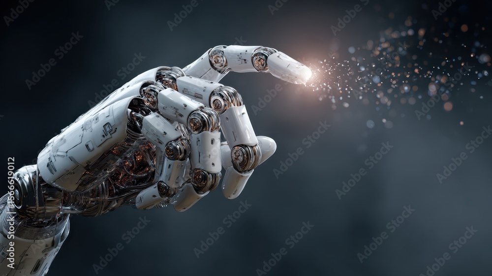 Poster metallic robotic hand interacting with glowing data particles, visualizing cutting edge technologica