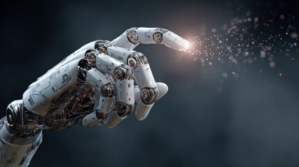 Metallic robotic hand interacting with glowing data particles, visualizing cutting edge technological connectivity and artificial intelligence breakthrough