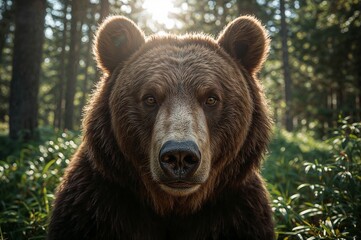 Fototapeta premium Majestic Grizzly Bear in Lush Green Forest