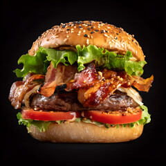 A hamburger with bacon and lettuce on it