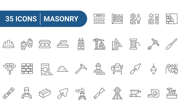 Masonry icon set in outline style. Includes bricklayer, brick, trowel, cement mixer, safety gear, tools, and construction equipment. Icons for Web and Mobile Editable stroke. Vector illustration.