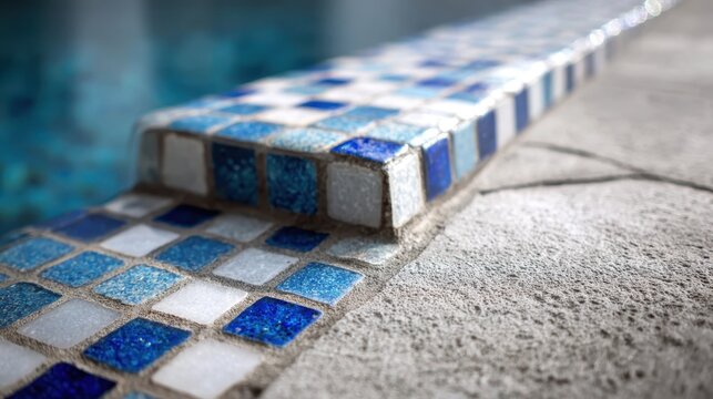 Blue and white mosaic tiles bordering pool edge, highlighting geometric patterns and textural contrast with surrounding concrete decking surface