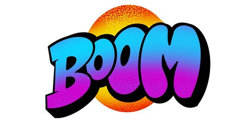 letter boom, graffiti boom illustration with bubble graffiti pattern and blue and pink color gradation