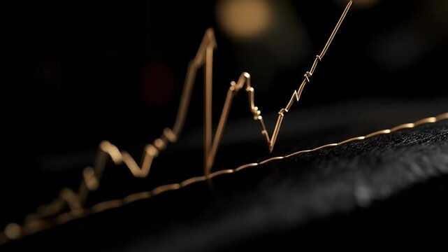 Gold line graph on dark leather.  Detailed close-up of a gold line graph, resembling a heartbeat or stock chart, etched into or stitched onto a dark leather surface