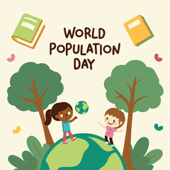 Fototapeta premium Children and Future Concept Art – Happy kids with globe, trees, books world population day
