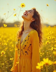 A joyful woman stands in the middle of a sun